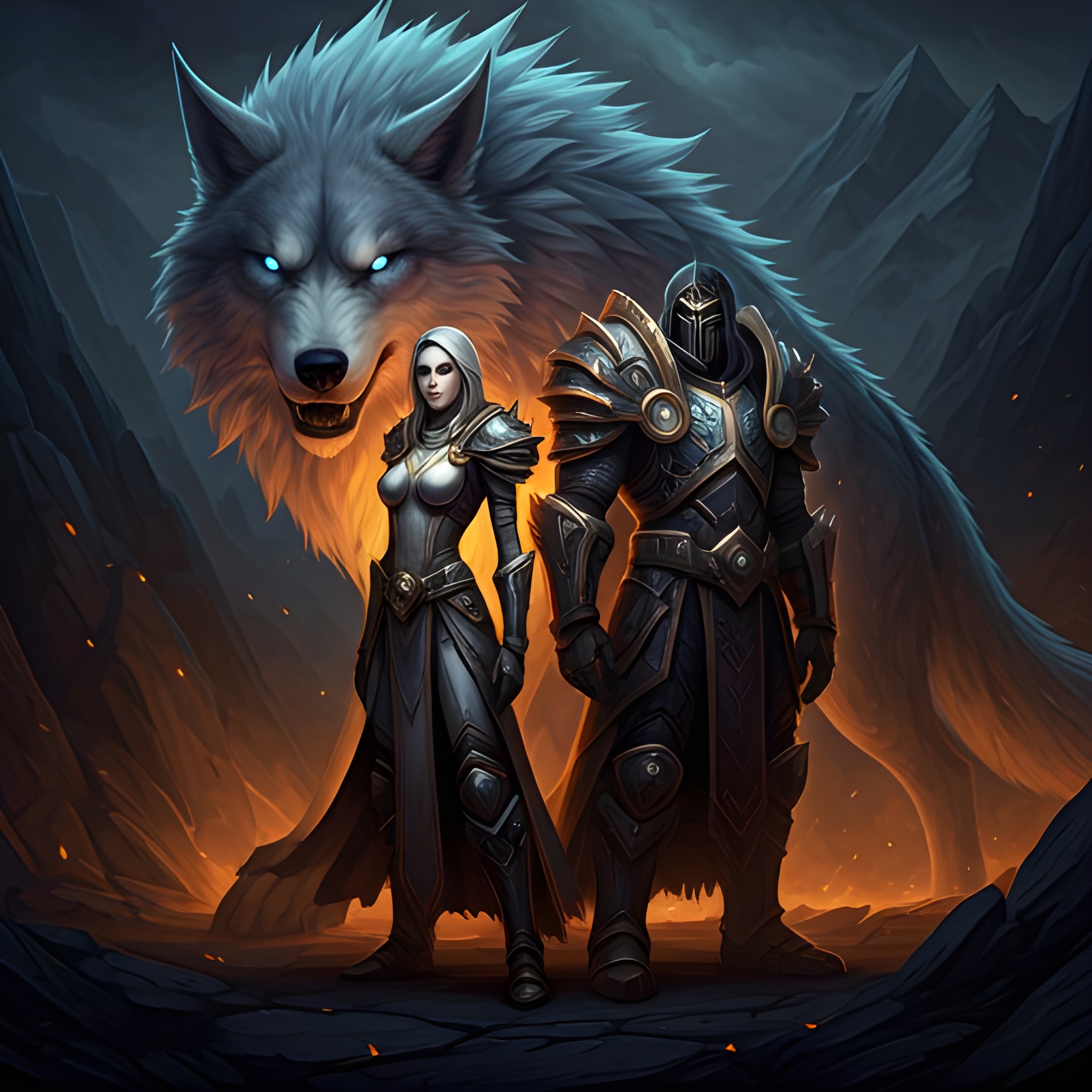 An epic cinematic high-fantasy digital painting featuring a radiant female priest and a heavily armored male paladin standing shoulder to shoulder against a dark, atmospheric mountainous backdrop. A massive, bioluminescent dire wolf with glowing white eyes and icy fur stands protectively behind them. The scene is illuminated by ethereal golden and blue magical auras, casting long shadows across the rugged stone ground in a dark-mode aesthetic with deep blacks and vibrant amber accents.